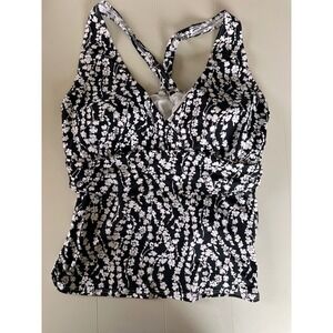 Lands End Womens 2X 20W-22W Floral Tankini Top Black White V-Neck Cross Back